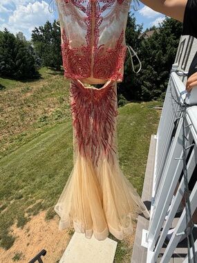 Embellished Two-Piece Beaded Evening Gown in Champagne and Red